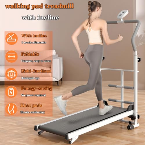 Compact Manual Treadmill with Incline & Handle Bar - Portable Folding Walking Pad for Home, Ideal for Small Spaces, Non-Electric for Kids