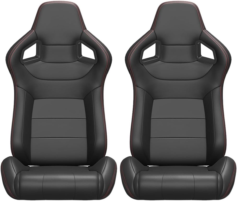 2PC Universal Bucket Red Stitch PVC Leather Racing Seats Reclinable Adjustor Slider Carbon Look Back Racing Seats (Not Including Seat Bracket)