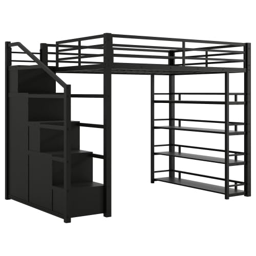 Harper & Bright Designs Full Size Loft Bed with Wardrobe and L-Shaped Desk, Metal Loft Bed with Storage Cubes, Cabinet, Shelves for Kids Teens, White