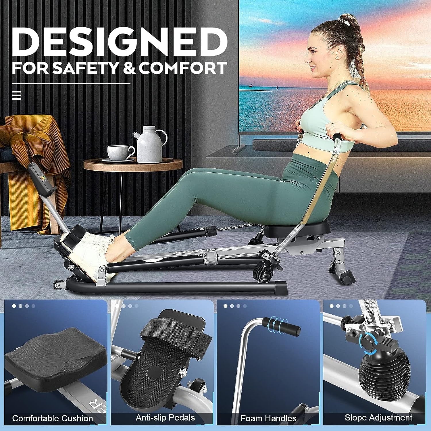 Rowing Machine,Hydraulic Machine Rower with 12 Level Adjustable Resistance and LCD Monitor