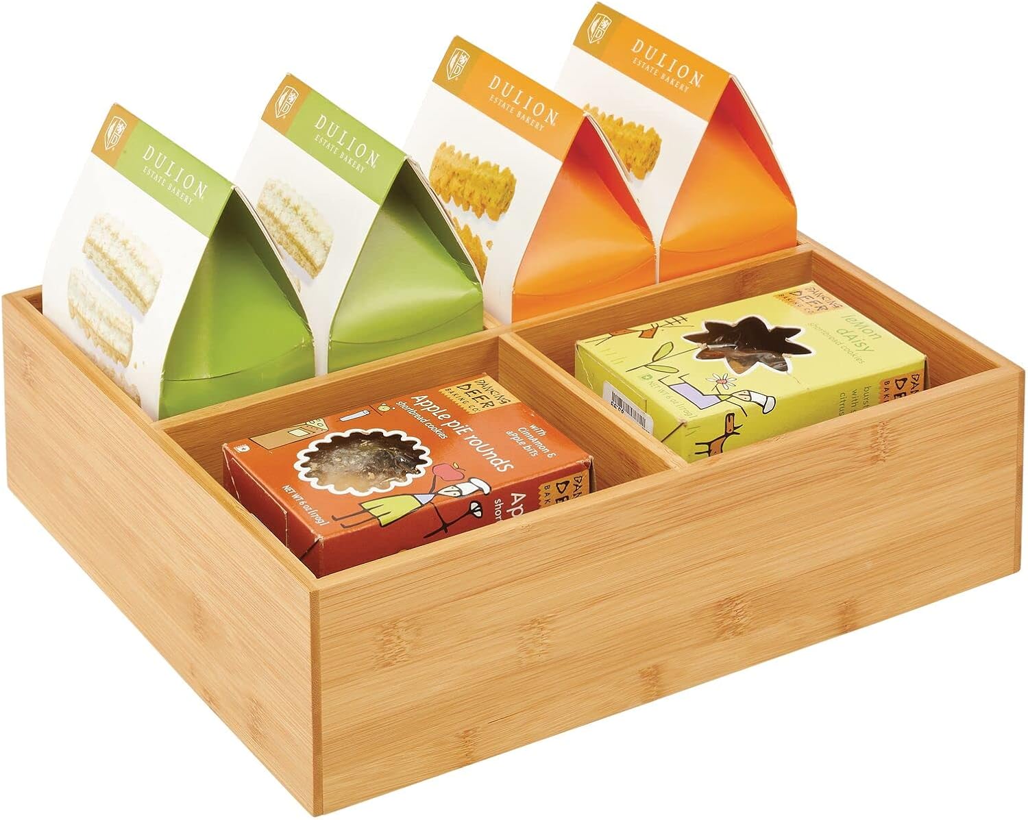 mDesign Bamboo Kitchen Cabinet Pantry Organizer Bin - 4 Divided Sections - Eco-Friendly, Multipurpose - Use in Drawers, on Countertops