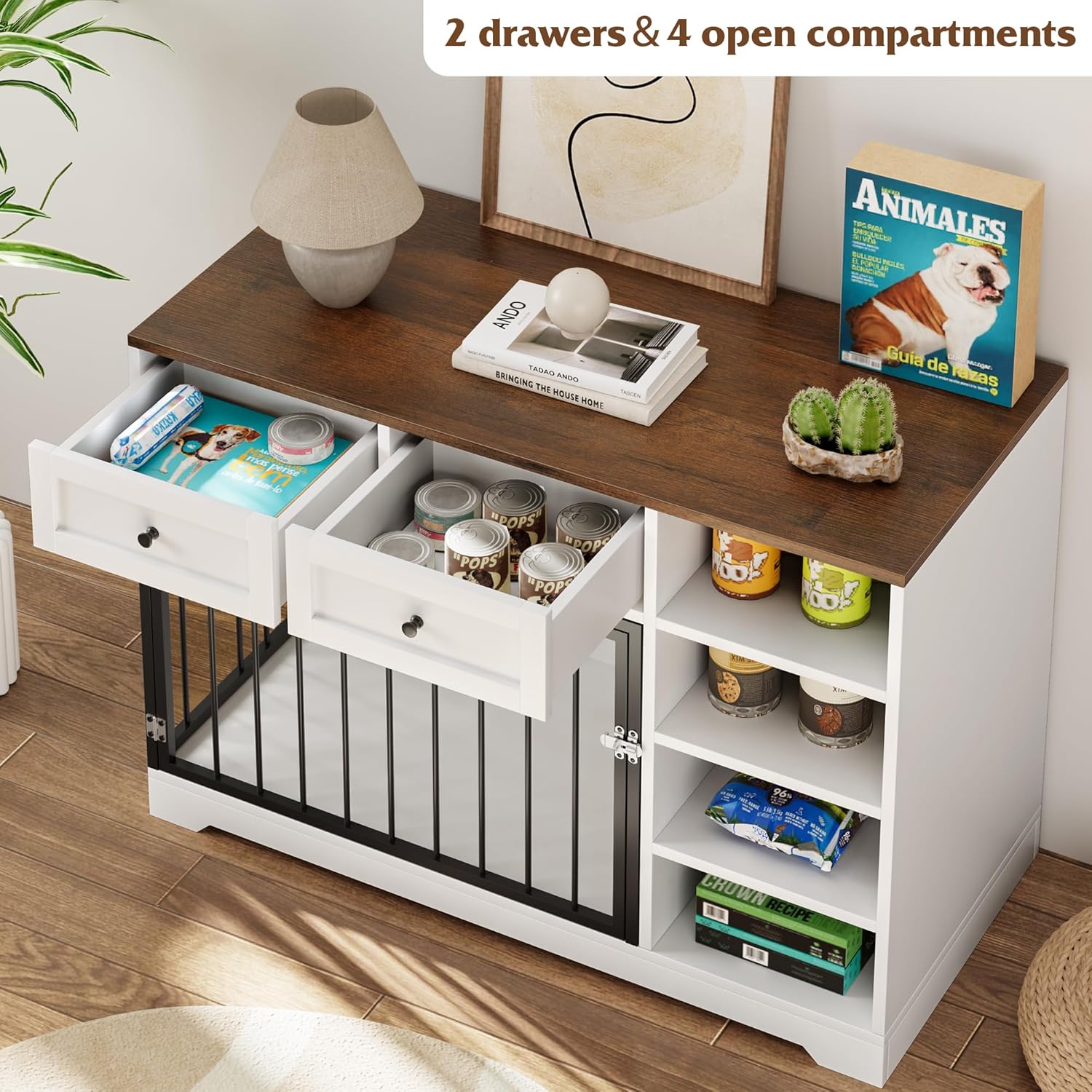 IDEALHOUSE Large Dog Crate Furniture, 47” Dog Crate with 2 Drawers and 4 Shelves, Heavy Duty Wooden Dog Crate
