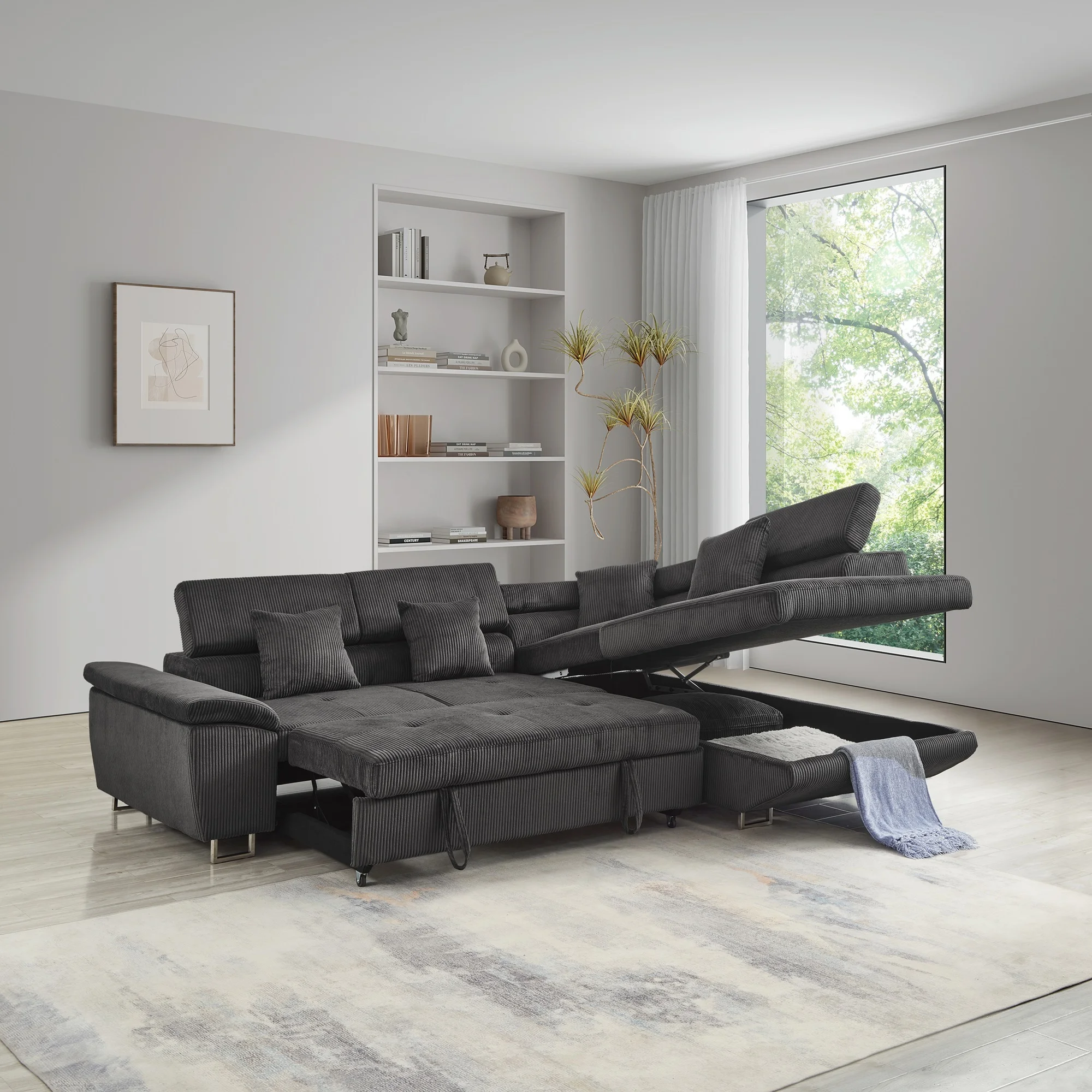 Noodeniya Corner Sofa Couch Pull-Out Bed with Storage Chaise, Convertible Sleeper Sofa Bed, L Shaped Corduroy Right Corner Couch for Living Room