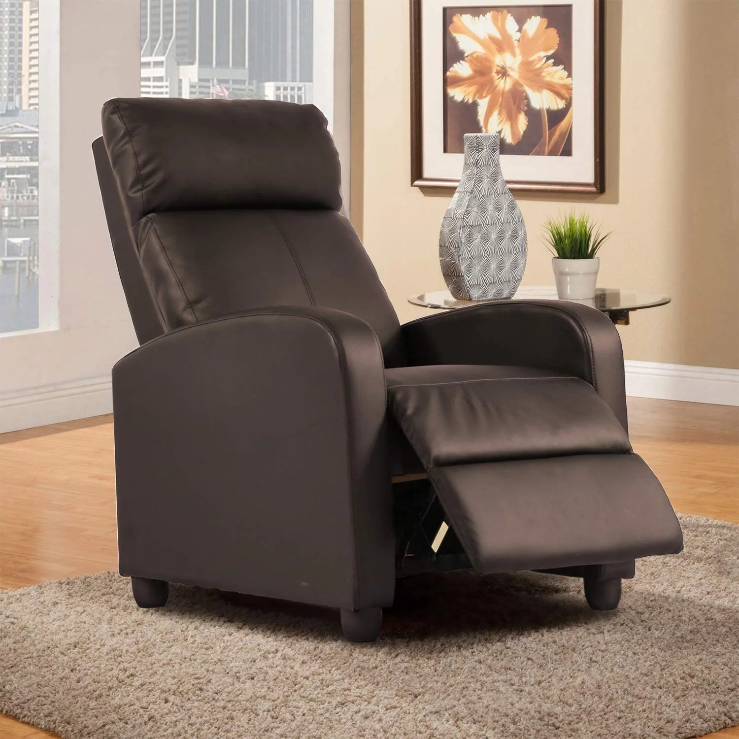 BestOffice Recliner Chair for Living Room Furniture Home Theater Seating Glider Chairs Modern Wingback Single Sofa PU Leather with Footrest (Brown)
