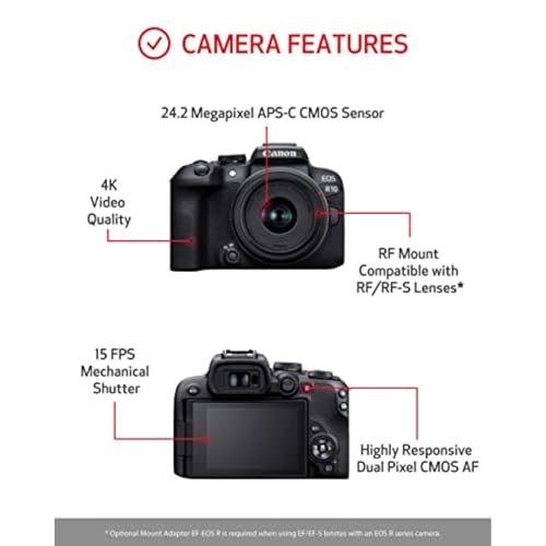 Canon EOS R10 Content Creator Kit, Mirrorless Vlogging Camera with RF-S18-45mm F4.5-6.3 is STM Lens, Tripod and Stereo Microphone