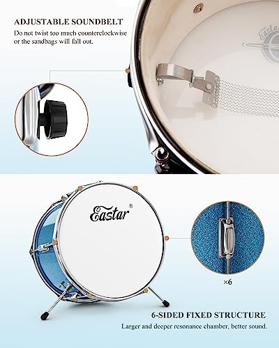 Kids Drum KIt Eastar 3-Piece for Beginners, 14 inch Drum Set with Adjustable Throne, Cymbal, Pedal & Two Pairs of Drumsticks