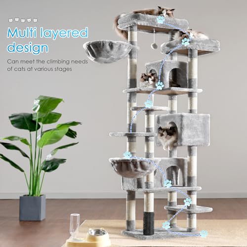 Hey-brother Cat Tree, 74 inches Multi-Level XL Large Cat Tower for Indoor Cats with Three Cat Condos