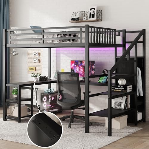 Queen Loft Bed with L-Shaped Desk and Stairs,Metal Queen Size LoftBed with Wardrobe and Adjustable Shelf, Gaming Bed with LED and USB
