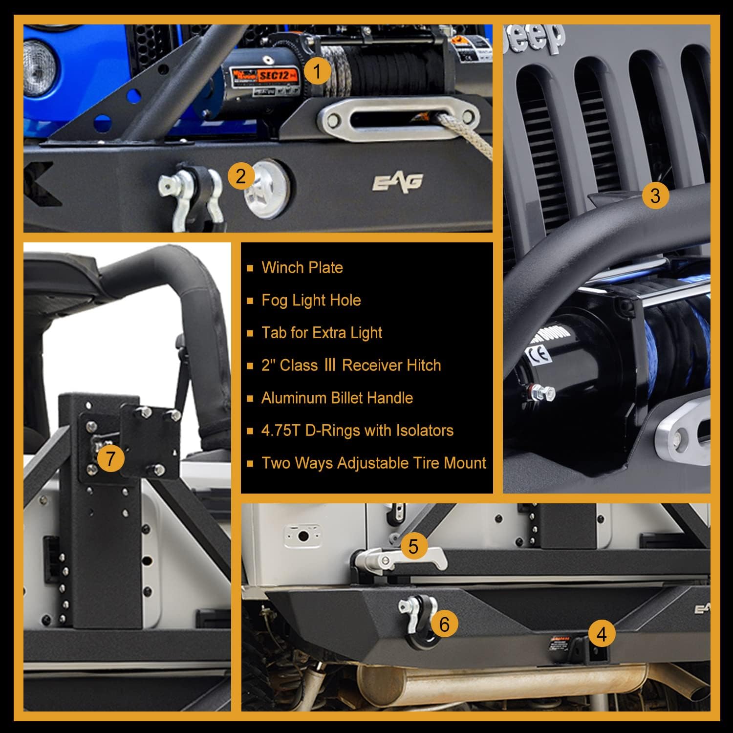 EAG Front Bumper and Rear Bumper Combo with Skid Plate & Tire Cattierfit for 07-18 Wrangler JK