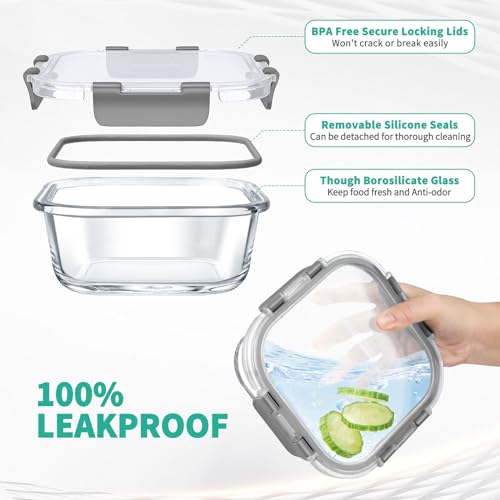 34pcs Glass Food Storage Containers with Lids Set, Airtight Glass Meal Prep Containers (17 Containers & 17 Lids),Leak Proof Lunch Containers BPA-Free