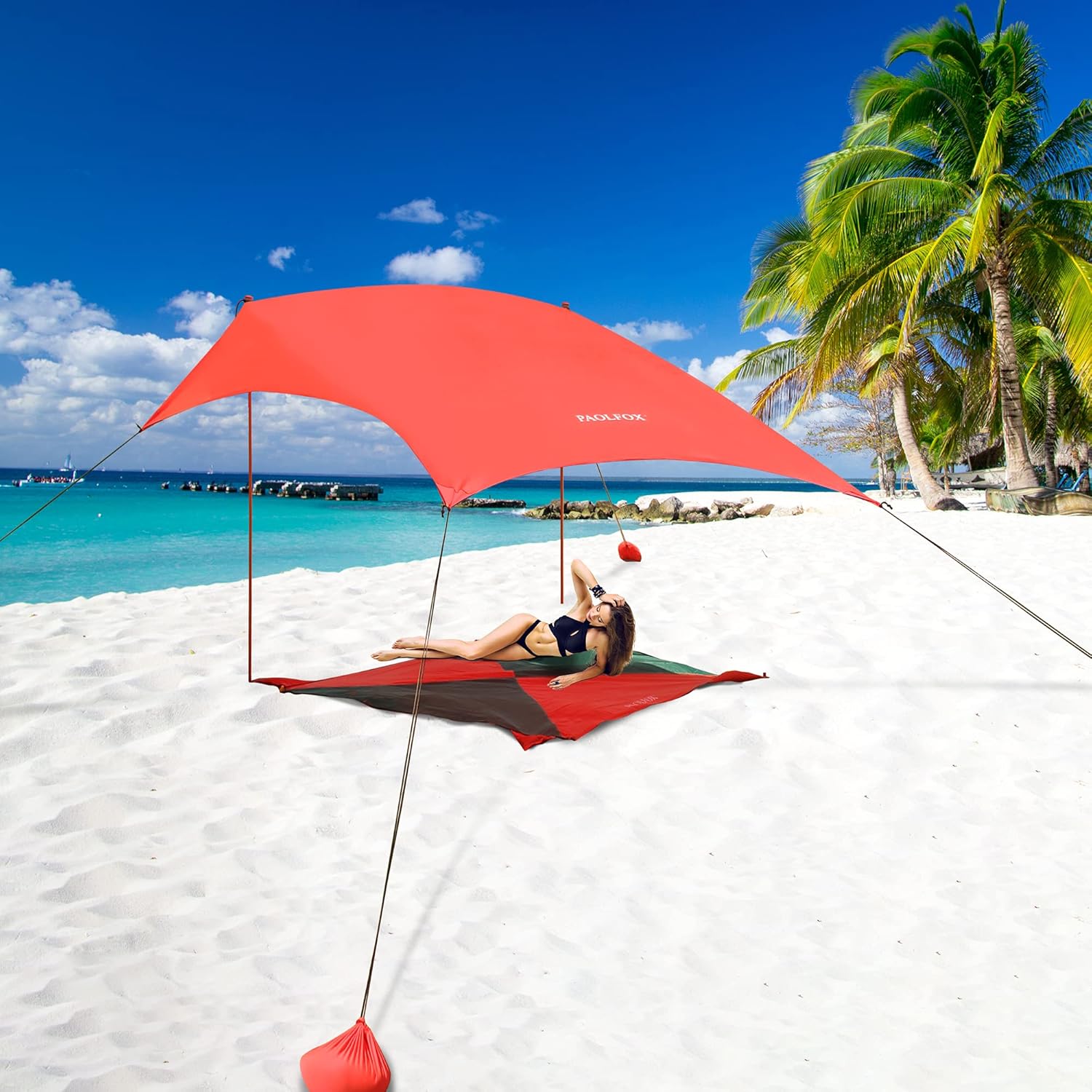 Pop Up Beach Tent Sun Shelter, Outdoor Shade Canopy with Sandbags, UPF50+ Portable Beach Tents Sun Shelter with 2 Aluminum Poles (Azure 4 Poles)