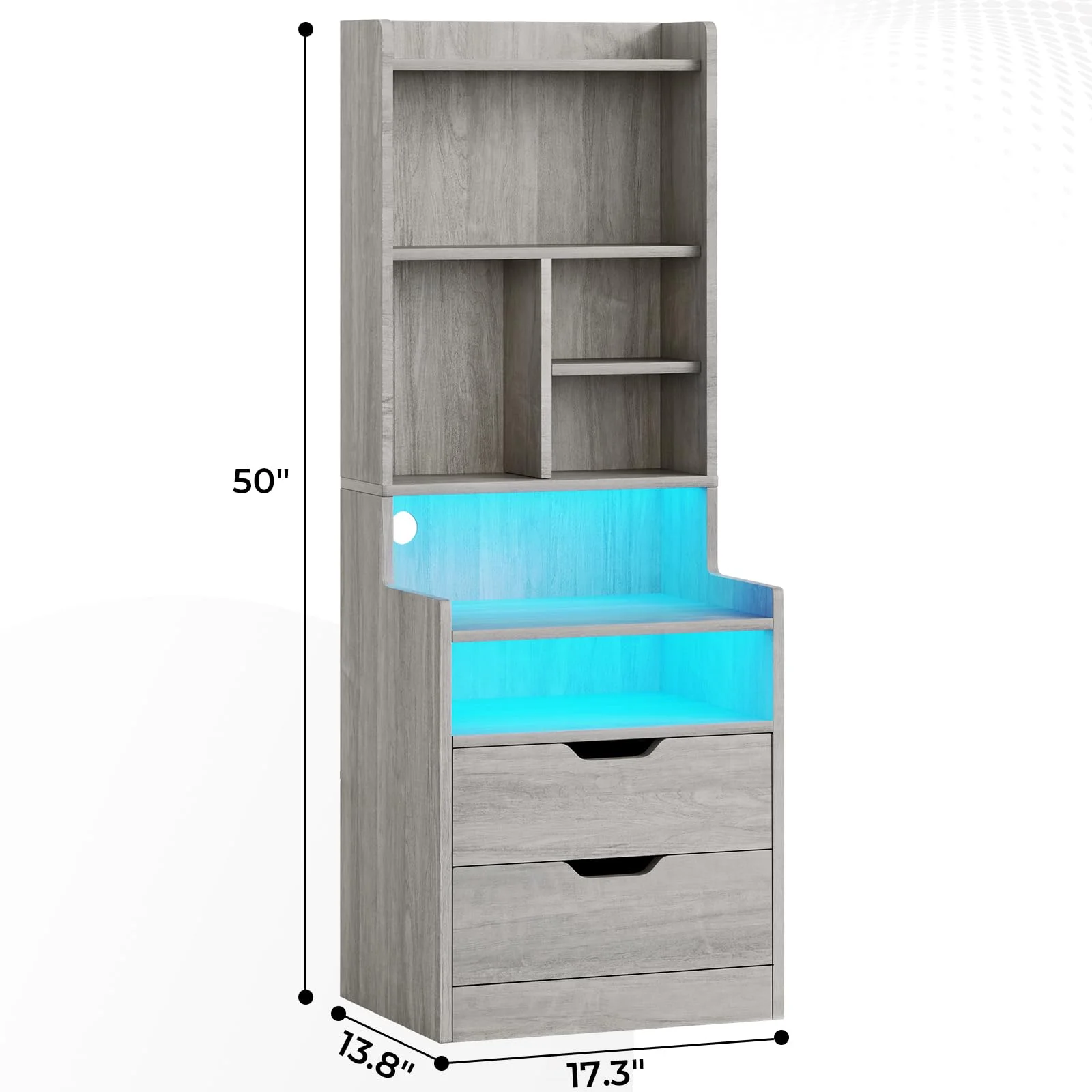 Set of 2 LED Nightstand with Charging Station for Bedroom, Gray Night Stand End Side Table with 2 Drawers&LED Lights for Living Room