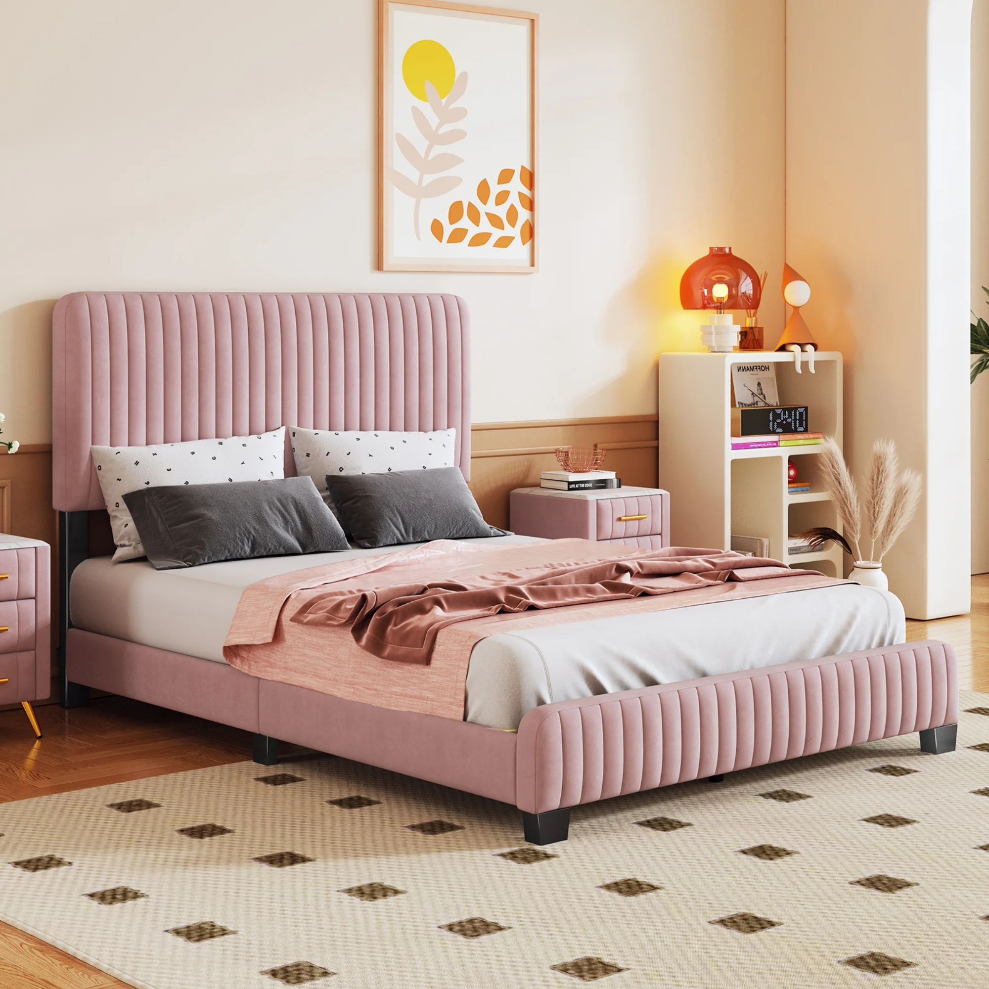 Churanty Full Size Upholstered Platform Bed,Velvet Platform Bed Frame with Headboard,Pink