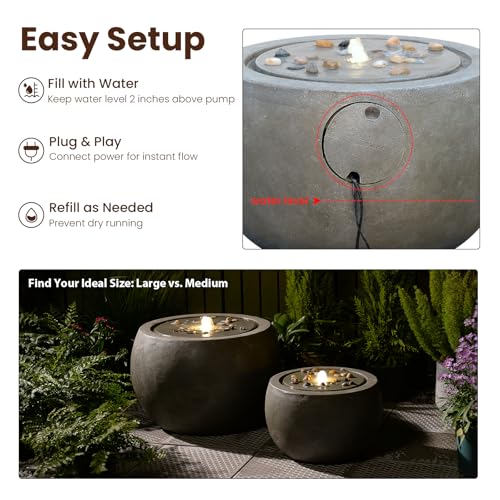 Garden Water Fountain Outdoor Large Round Bubbler Water Feature Indoor with Lights & Pump and Pebbles Concrete Effect for Patio Pool Pond Yard Home