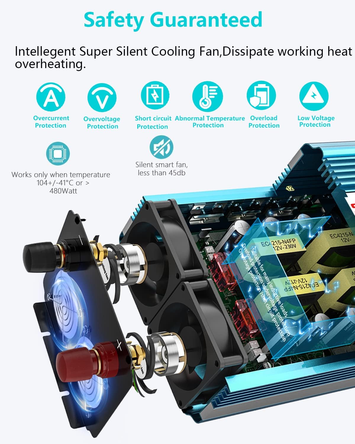 2000W Pure Sine Wave Power Inverter 12V DC to AC 110V/120V Converter for Home, RV, Solar Inverter 12V to 110V, 3 Outlet Car Inverter