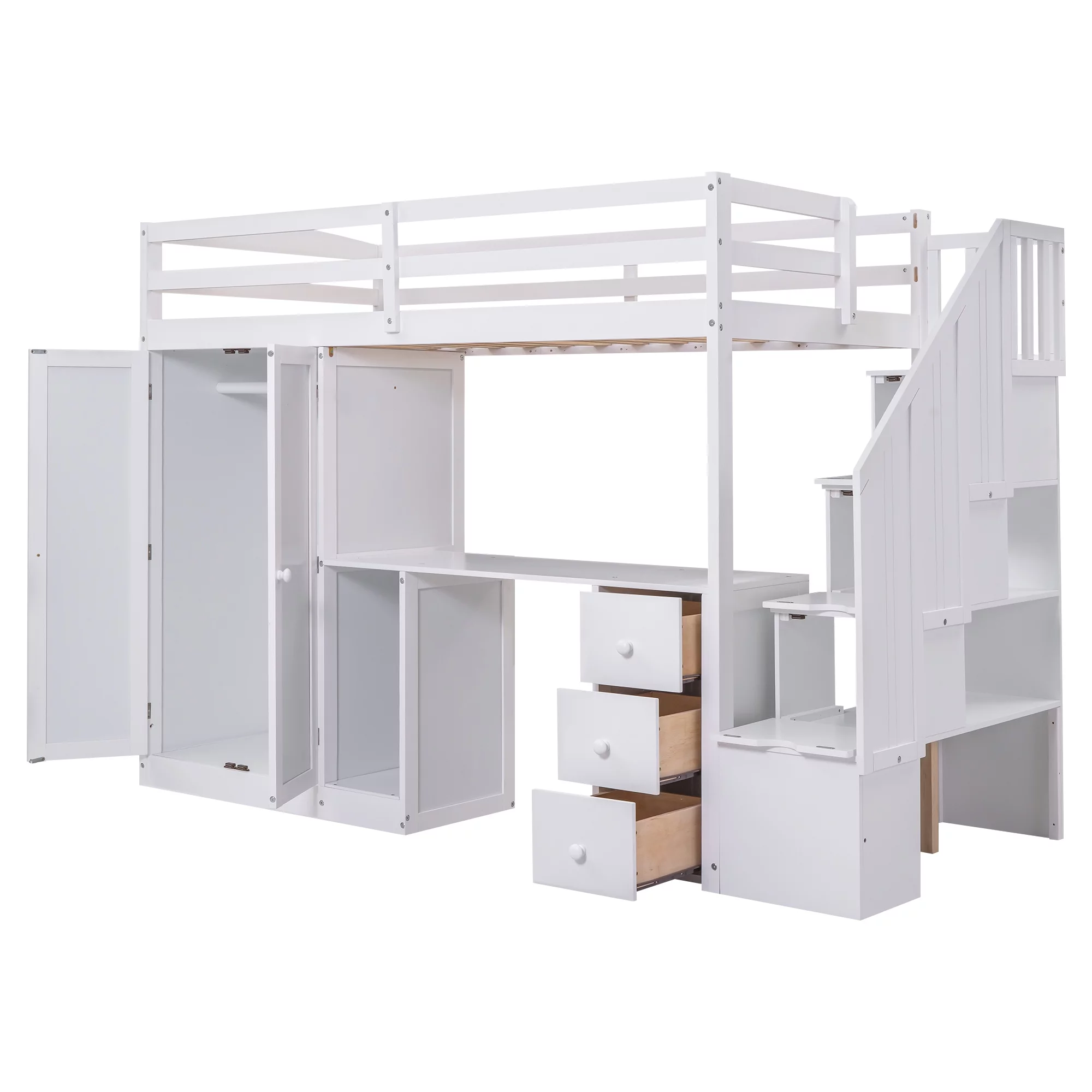 Bellemave Twin Size Loft Bed with Wardrobe and Staircase, Desk and Storage Drawers and Cabinet, Wood All-In-One Loft Bed Frame for Kids, Teens (White)
