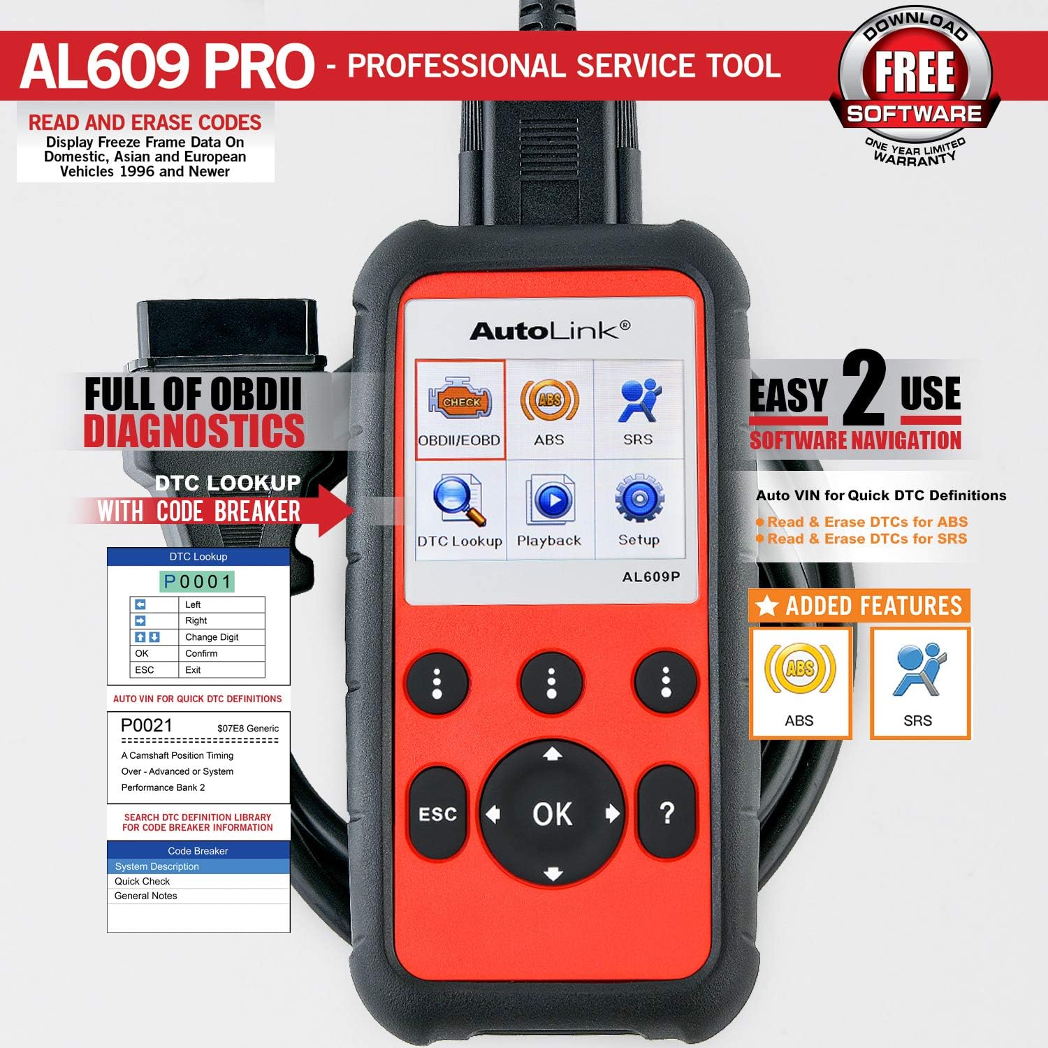 Autel AutoLink AL609P OBD2 Scanner, ABS, SRS 2 Systems Diagnostic scan Tool, Turn Off ABS, Airbag Warning Lights, Ready Test, with AutoVIN