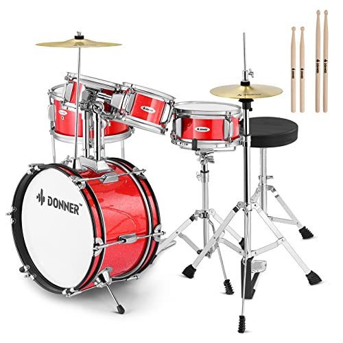 Kid Drum Sets-Donner 5-Piece for Beginners, 14 inch Full Size Complete Junior Drum Kit with Adjustable Throne, Cymbal, Hi-Hat, Pedal & Drumstick