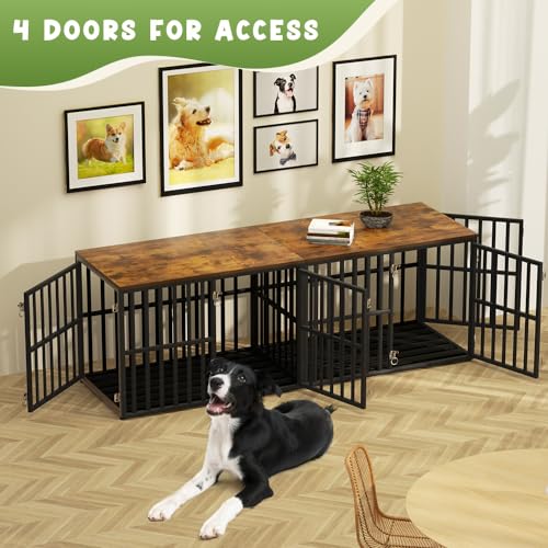 Dog Crate Furniture for 2 Dogs, 76” Wooden Dog Kennel with Divider, XXL Double Dog Crate Furniture Large Breed with 4 Doors