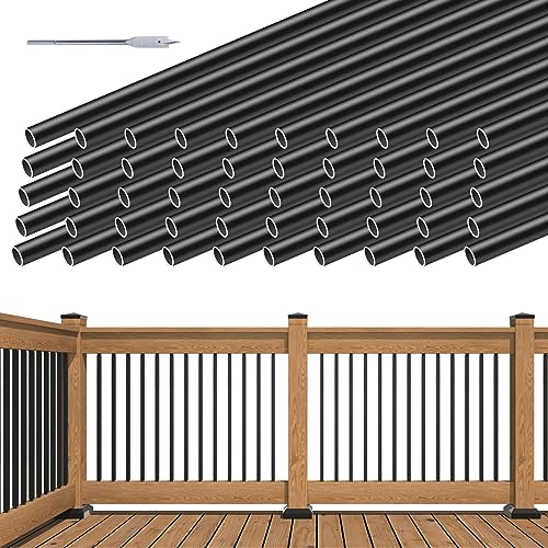 Muzata 50Pack 26" Aluminum Deck Balusters Round Black Deck Railing Stair Porch Staircase Spindles 3/4" Diameter Hollow for Wood and Composite Deck