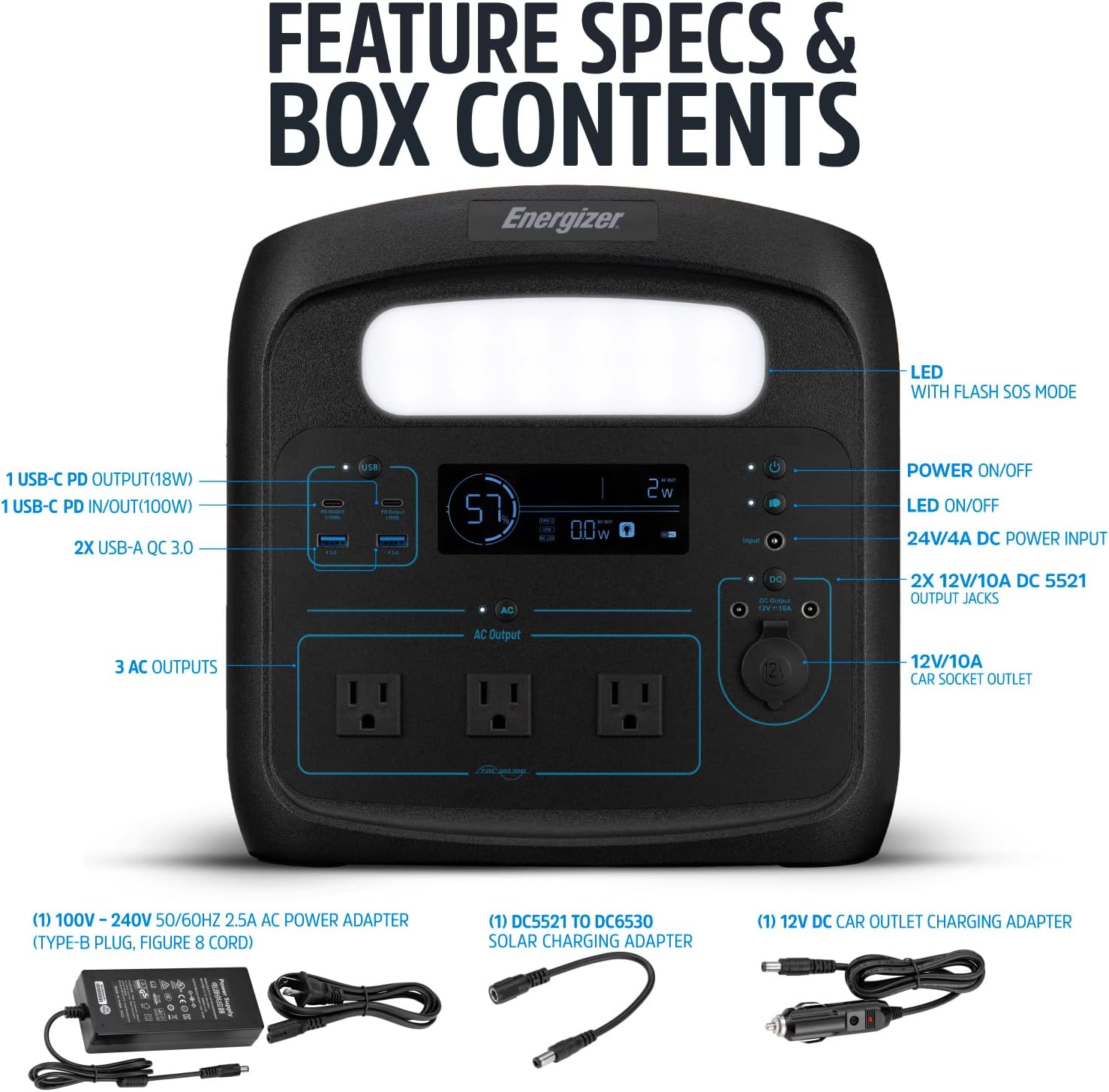 Energizer Portable Power Station Solar Generator 960W with LiFePO4 Battery, 110V/700W Pure Sine Wave AC Outlet, USB-C PD 100W, for Outdoor Use