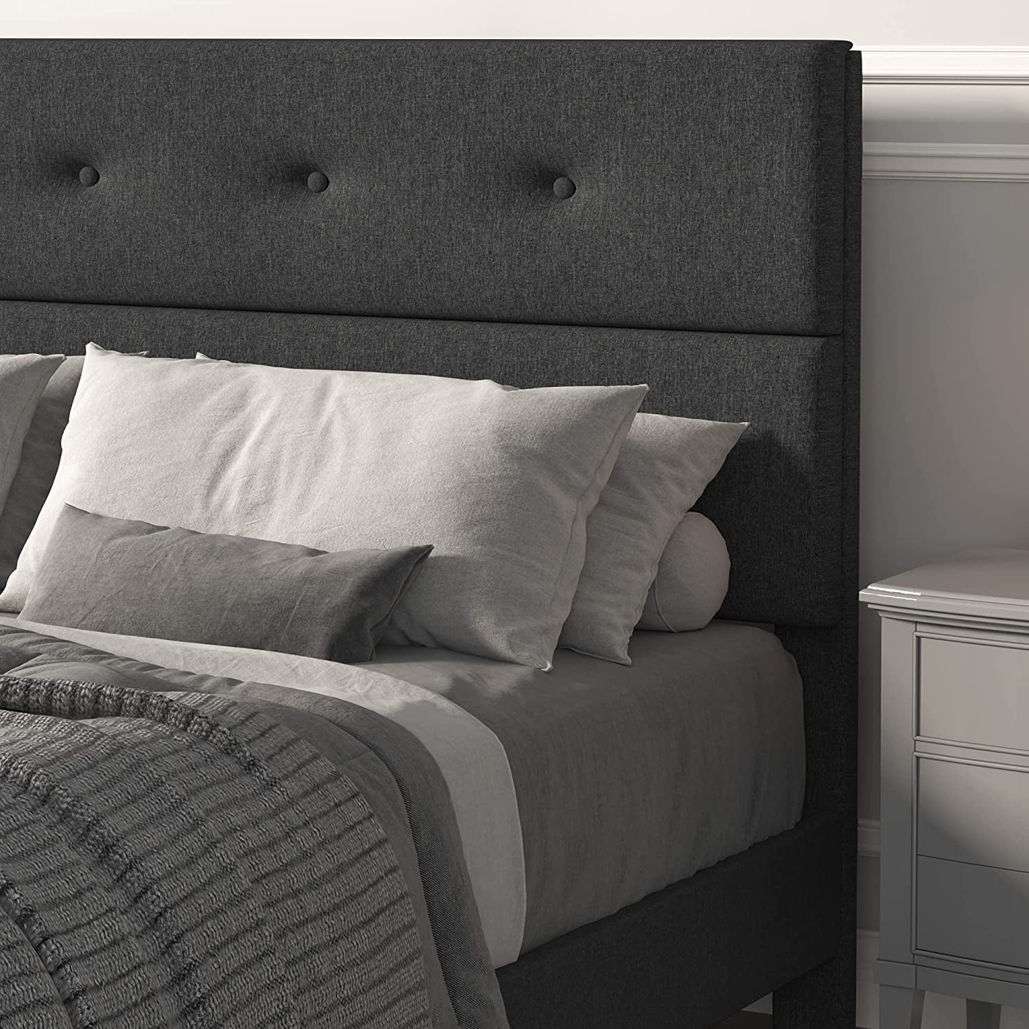 Allewie Queen Size Upholstered Platform Bed Frame with Storage Bench, Dark Grey