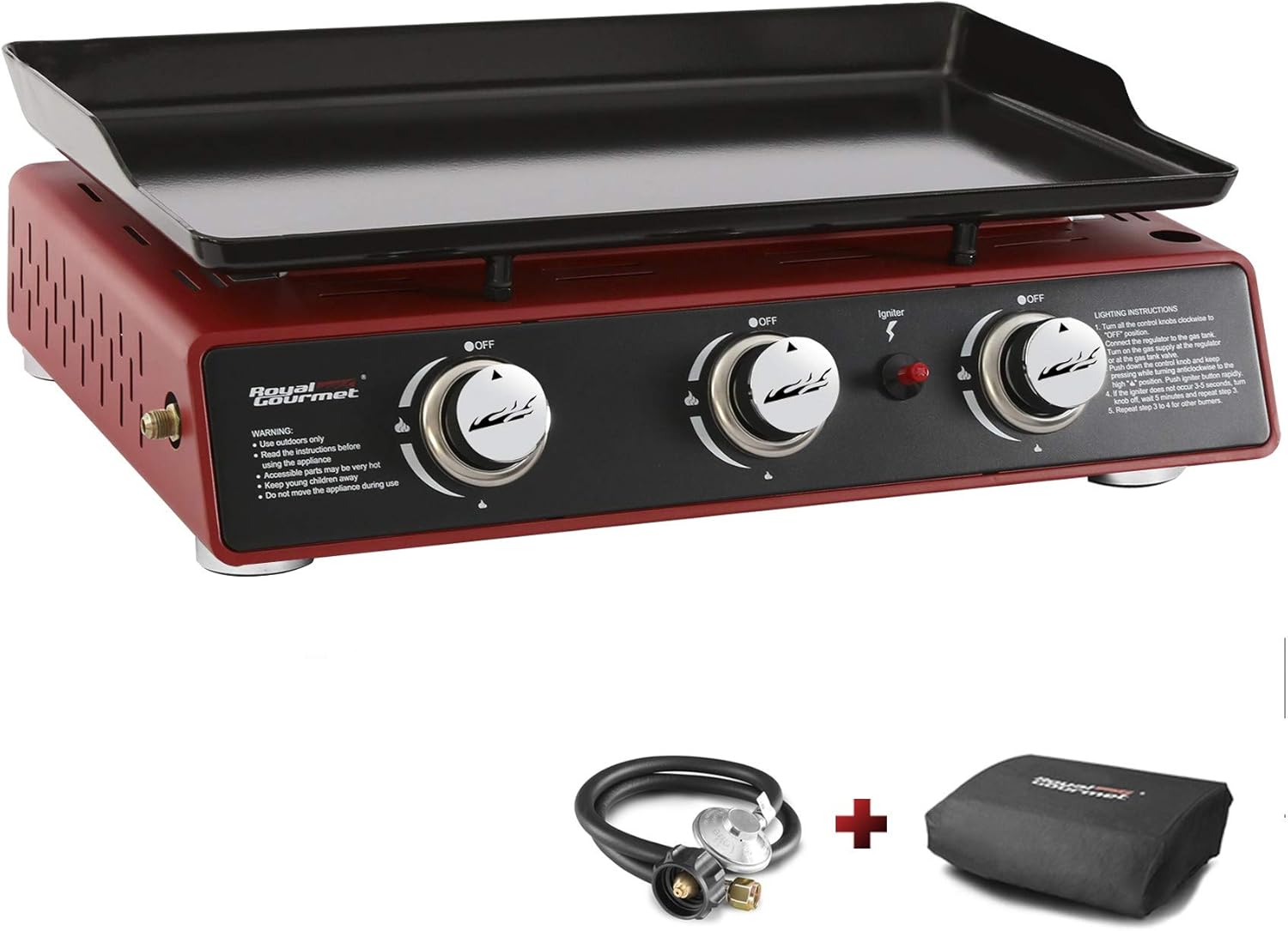 Royal Gourmet PD1301S Portable 24-Inch 3-Burner Table Top Gas Grill Griddle with Cover, 25,500 BTUs, Outdoor Cooking Camping or Tailgating, Black