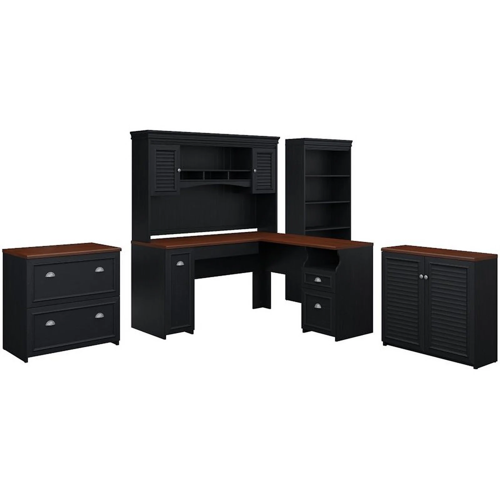 Pemberly Row Engineered Wood L Desk 5 Pc Office Set w/ Storage in Antique Black