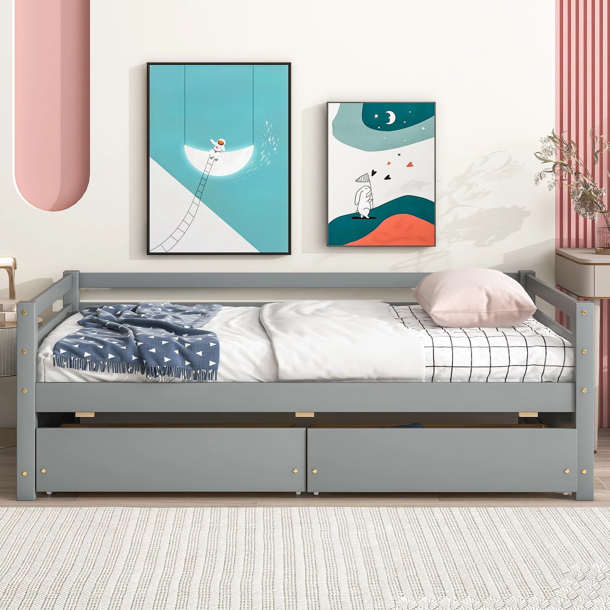 EUROCO Twin Wood Daybed, Sofa Bed with Two Drawers for Bedroom & Living Room, Gray
