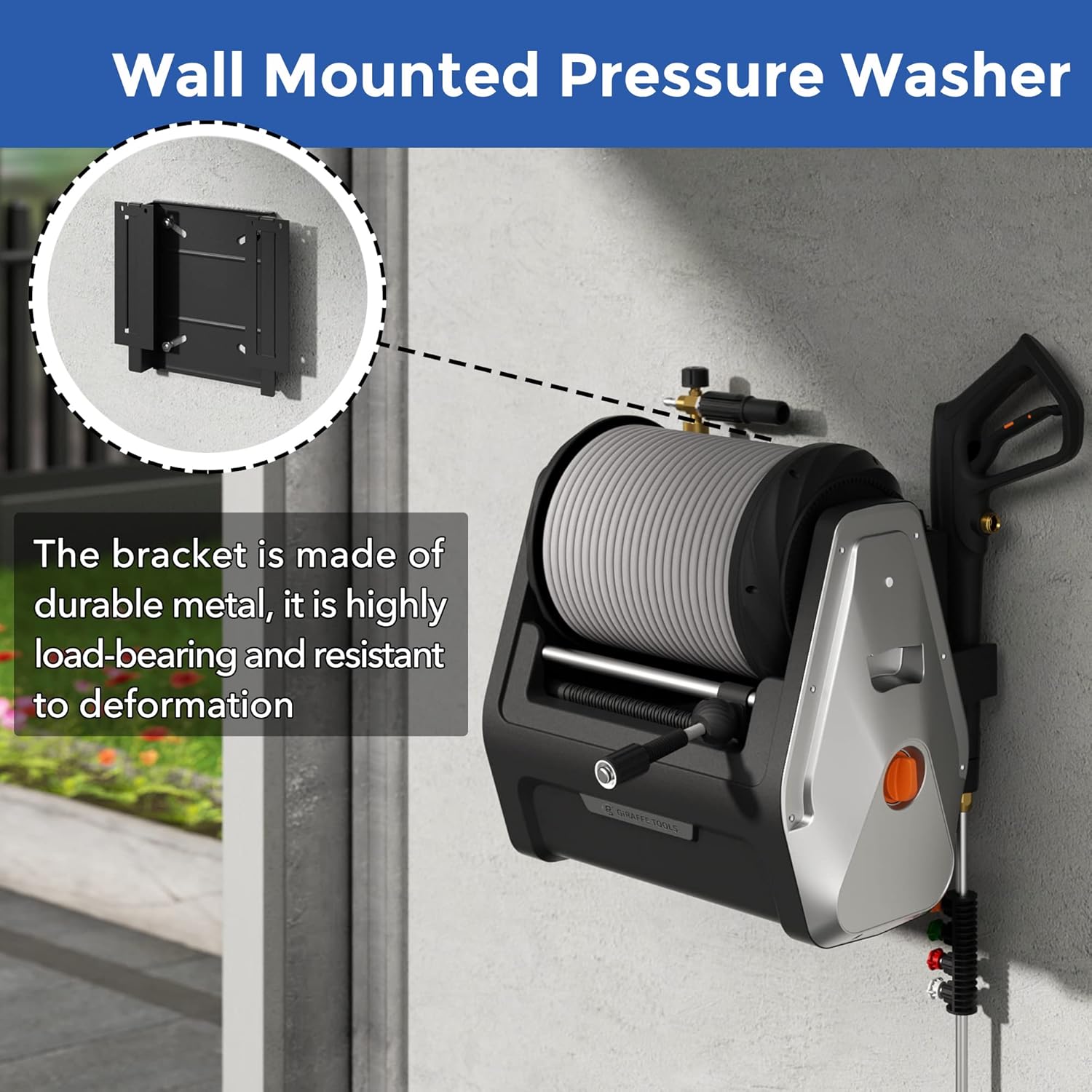 Giraffe Tools Grandfalls Pressure Washer Plus, Electric Wall Mount Power Washer with 100FT Retractable Ultra-Soft Pressure Hoses, 2200PSI, 2.4GPM
