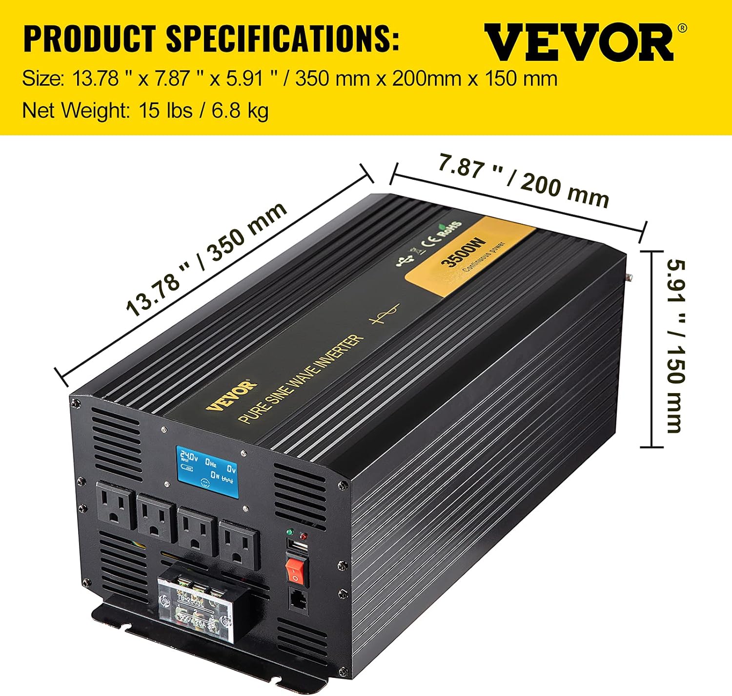 VEVOR Pure Sine Wave Inverter, 3500 Watt Power Inverter, DC 24V to AC 120V Car Inverter, with USB Port, LCD Display