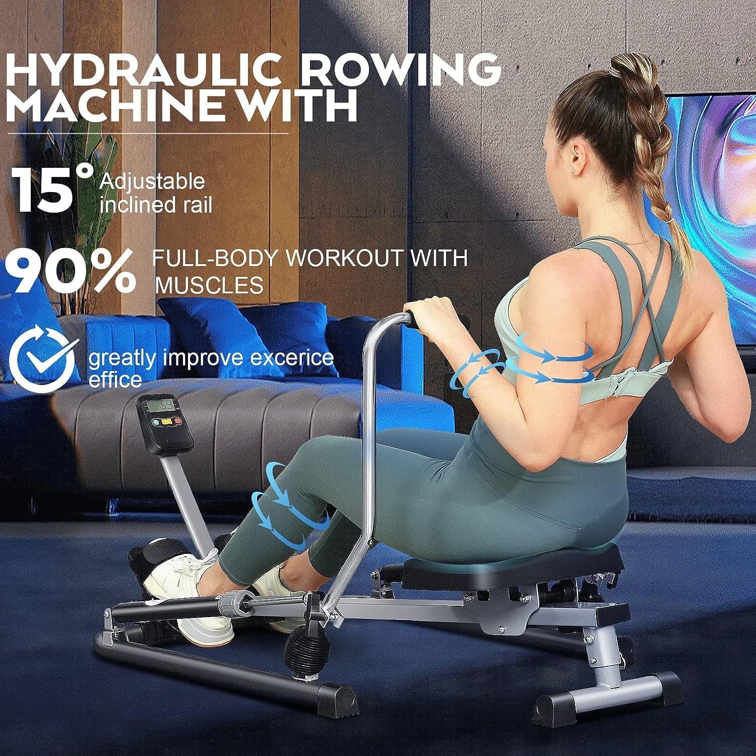 Rowing Machine,Hydraulic Machine Rower with 12 Level Adjustable Resistance and LCD Monitor