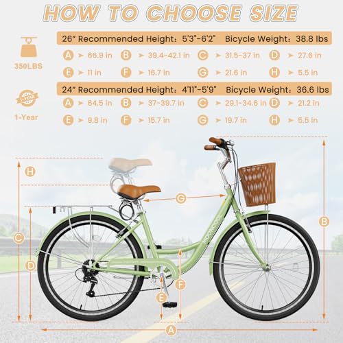 MOONCOOL Womens Bike 7 Speed, 24 26 inch Beach Cruiser Bikes for Women, Step Through Adult Bicycle with Front Basket for City Commuting