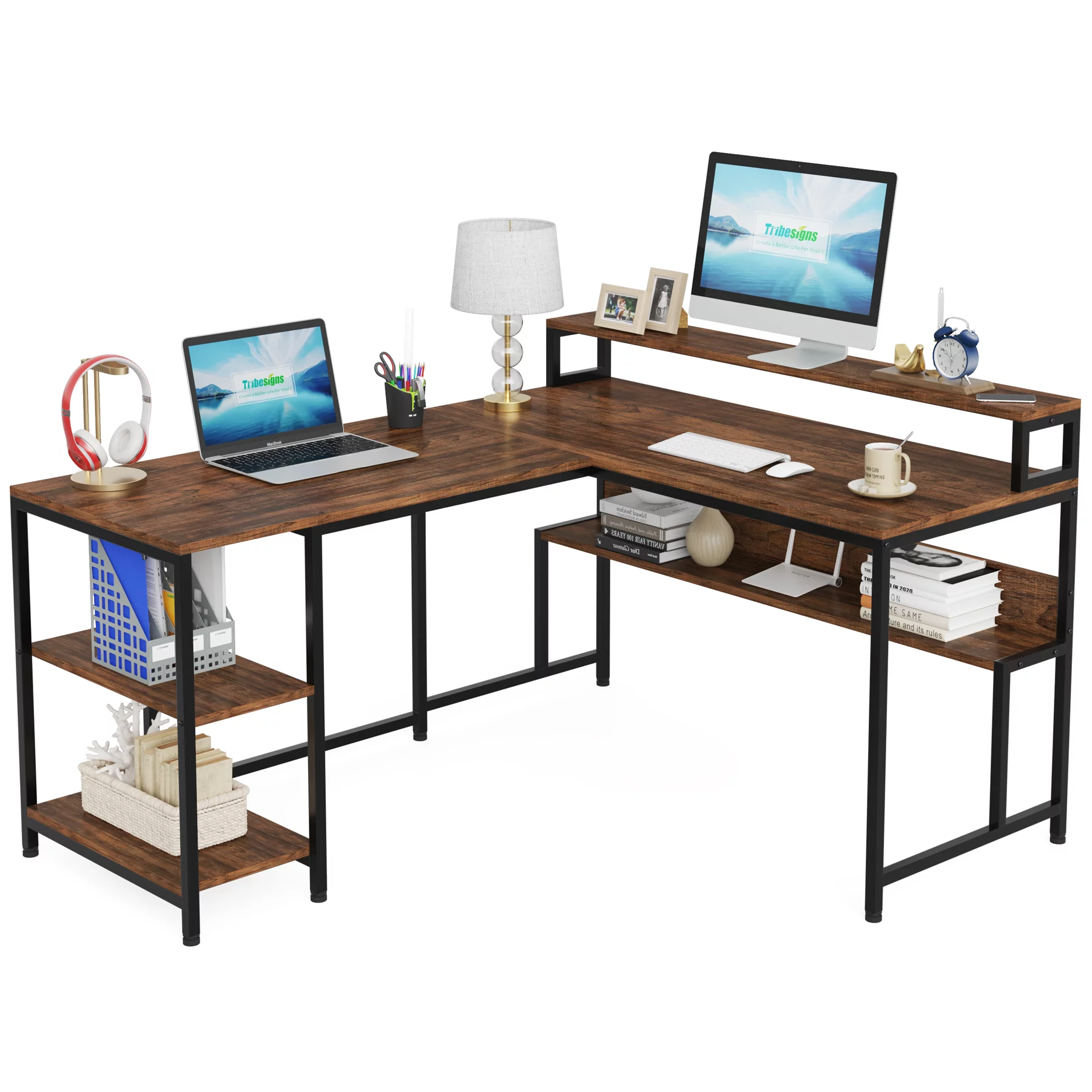 Tribesigns Reversible L Shaped Desk with Monitor Stand, 59 Inch Corner Computer Desk with Storage Shelves