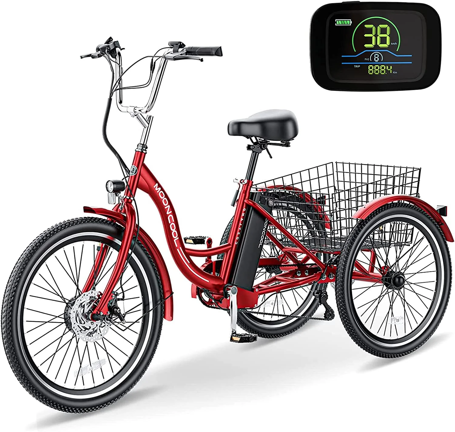 MOONCOOL 350W Motorized Electric Trike, 7 Speed 3 Wheel Electric Bicycle with 36V 14.5Ah Lithium Battery UL Certified