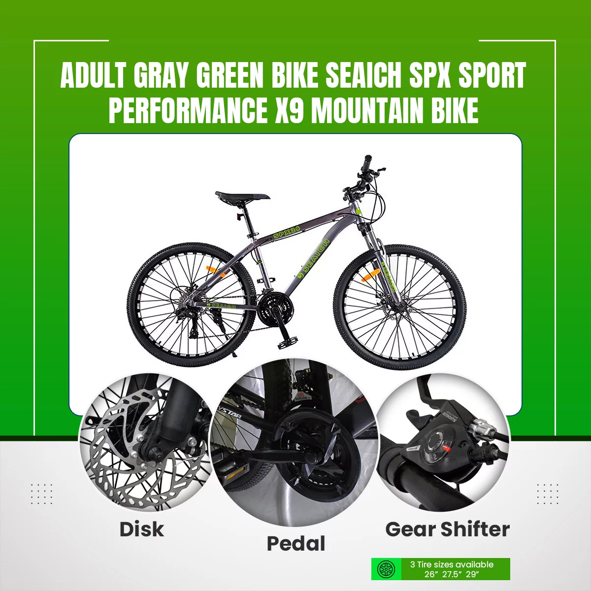 Adult Gray Green Bike SEAICH SPX 26" Wheel Sport Performance X9 Mountain Bike 26" - 29" Wheel Options