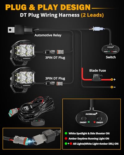 Auxbeam V-MAX Series 72W LED Pod Driving Lights, 4x2.5 Inch Rectangle Side Shooter Offroad Cube Spotlights with Amber DRL