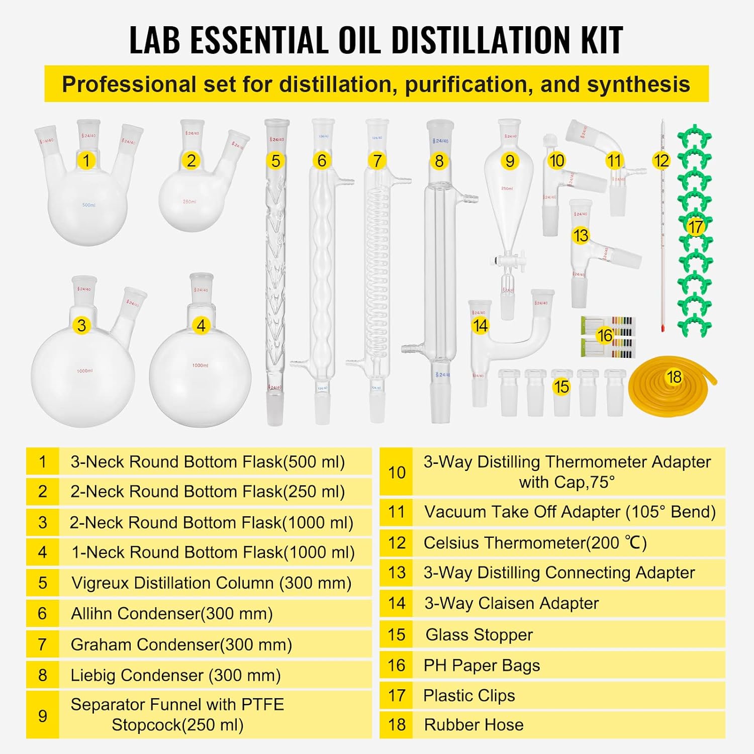 VEVOR New Laboratory Glassware 24/40 Chemistry Glassware 32PCS Chemistry Lab Glassware Kit 250 1000ml for Distillations Separation Purification