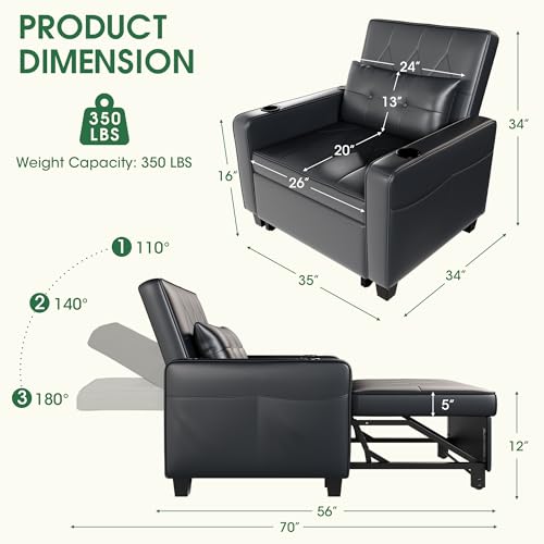 3-in-1 Convertible Sofa Chair Bed, Pull Out Leather Recliner Sleeper Sofa Chair Bed Couch with Cup Holders, USB & Type C Port,Side Pockets