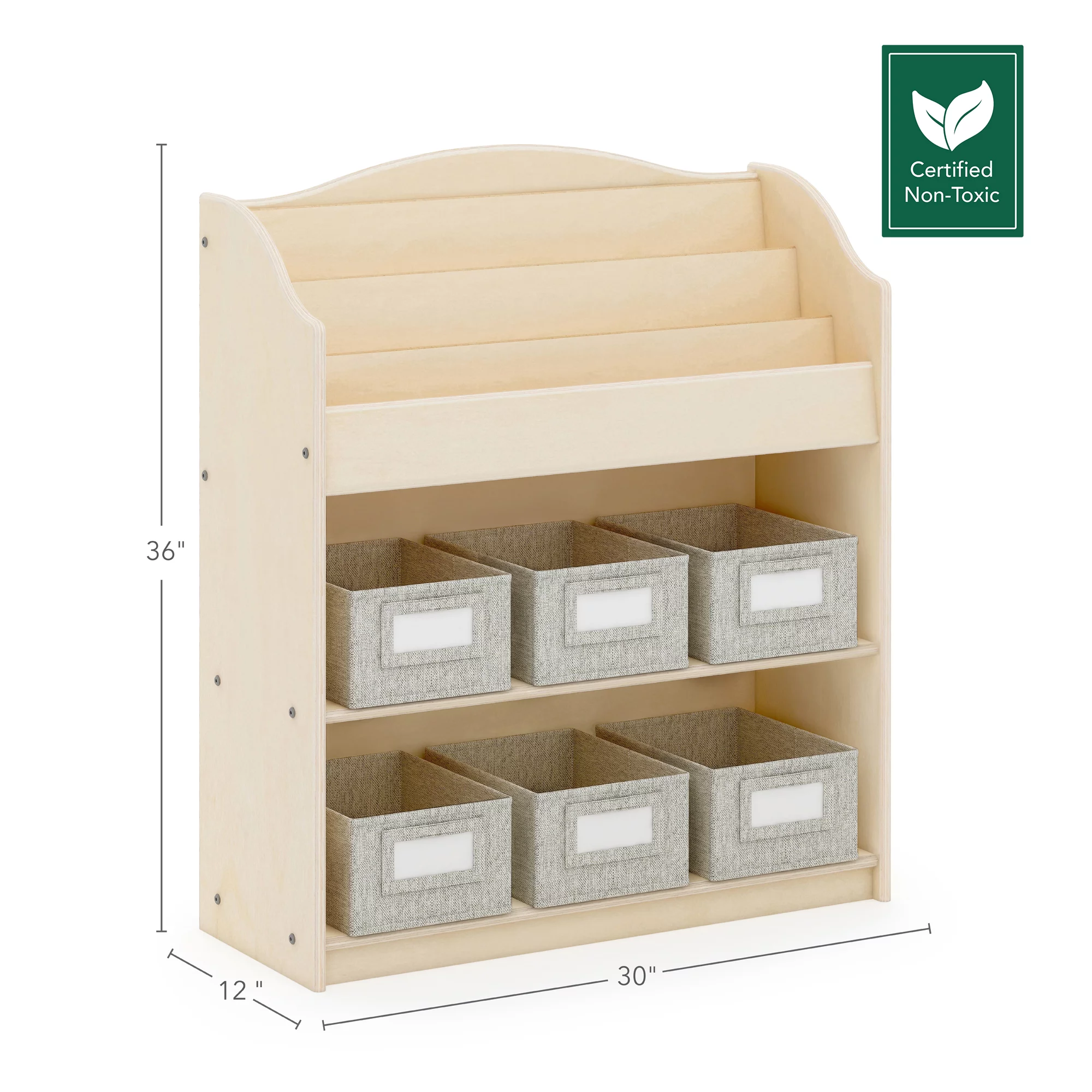 Guidecraft EdQ Essentials Book and Bin Browser Natural: 6 Fabric Storage Bins, Book Display and Toy Storage Organizer for Kids