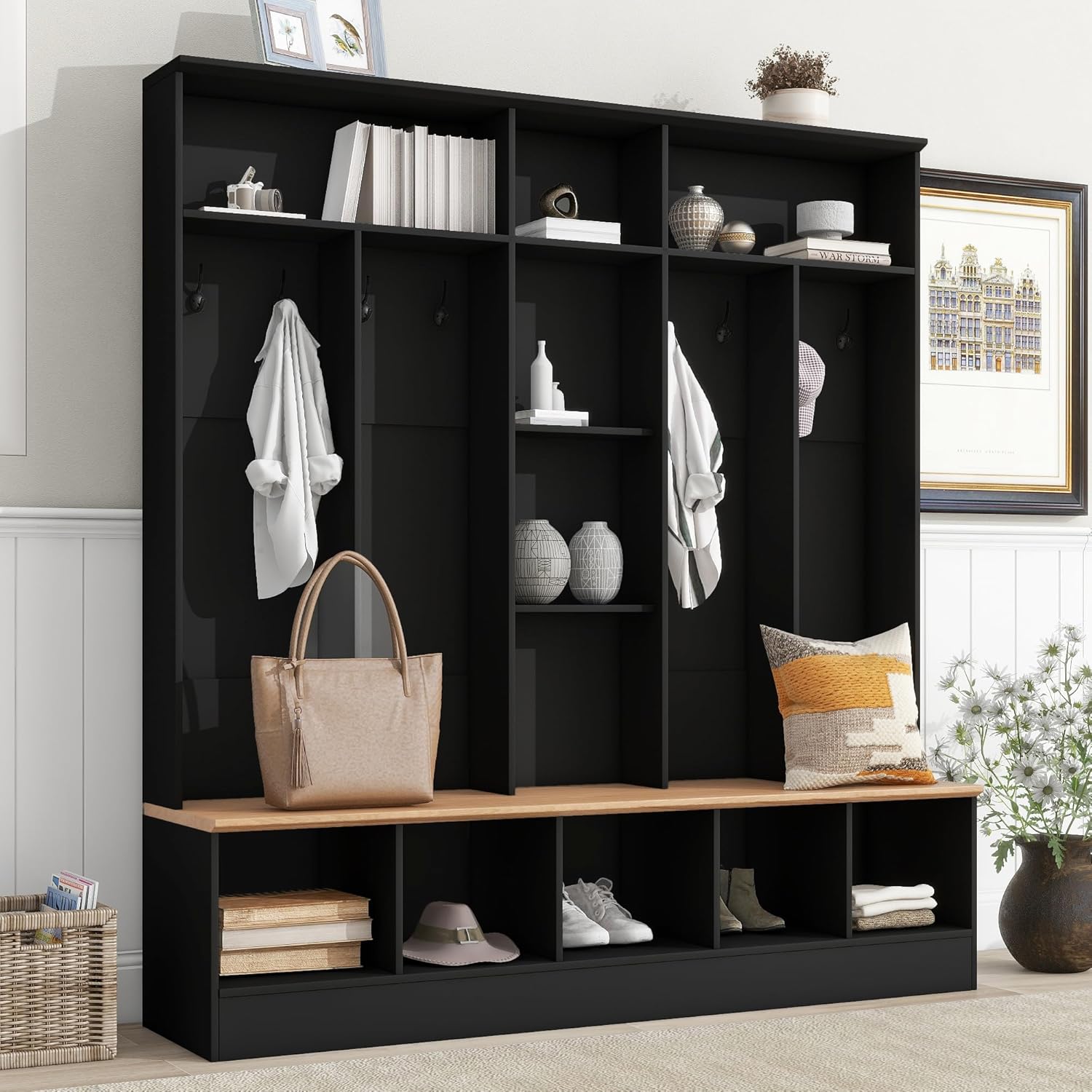 Wide Design 72''H Hall Tree with Storage Bench, Multifunctional Coat Rack with Minimalist Shoe Cabinet