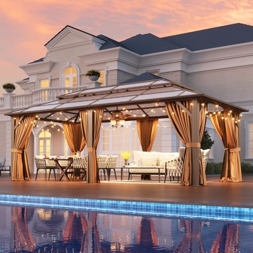 Aoxun 12'x16' Hardtop Gazebo, Aluminum Frame Permanent Pavilion with Netting and Curtains, Outdoor Polycarbonate Double Roof Canopy