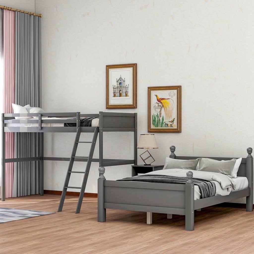 Euroco Wood Twin Over Full Bunk Bed with Storage Cabinet, Gray