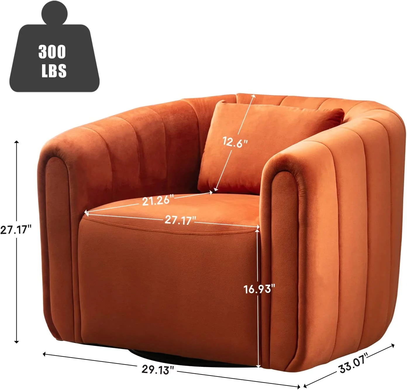 Bonzy Home Swivel Barrel Chair with Plump Pillow, Modern Channel Velvet Accent Chair, Comfy Round Armchair