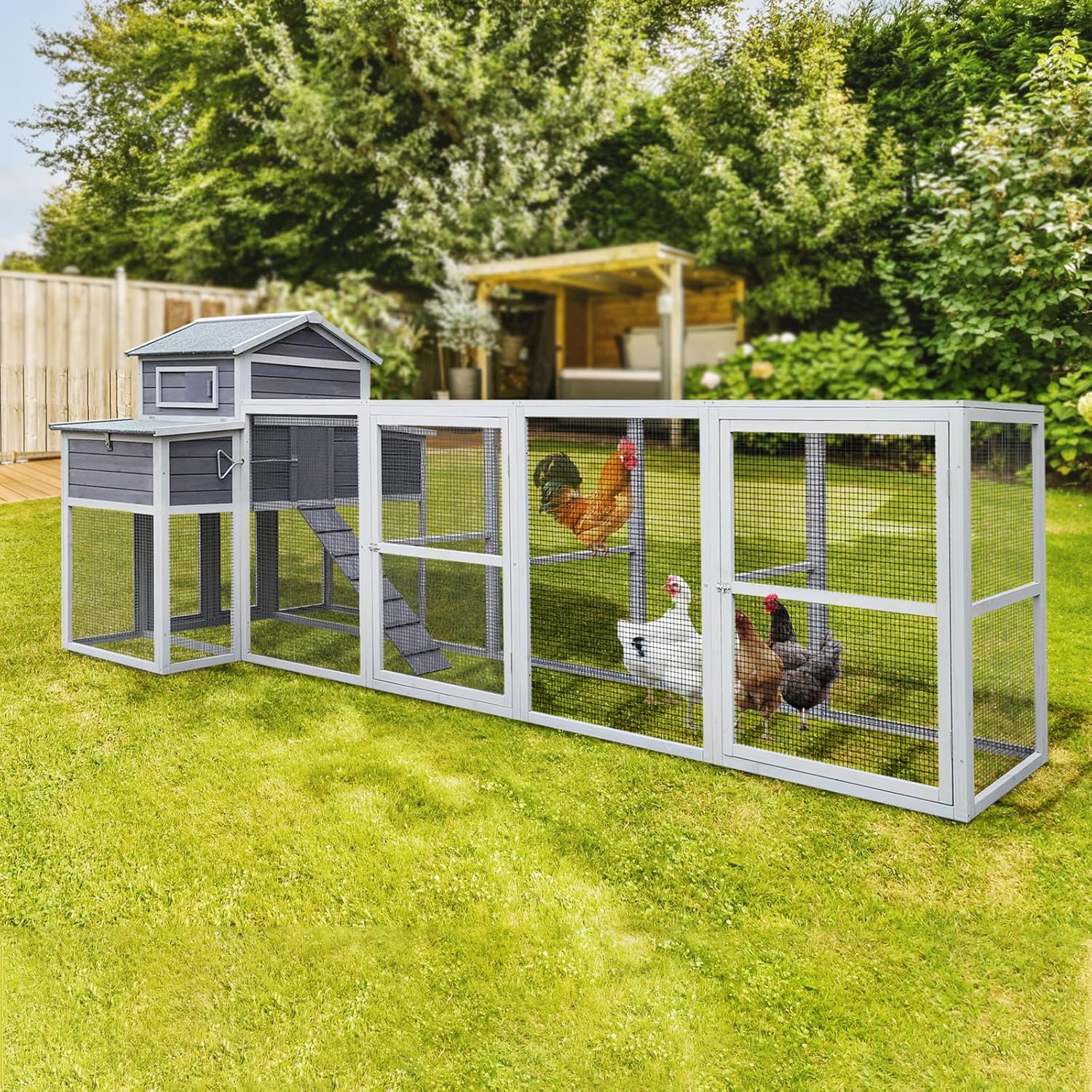150＂Chicken Coop Extra Large Chicken House, Outdoor Wooden Hen House Black Rust-Proof Metal Wire Poultry Cage with Two Nesting Boxes, 5 Perches