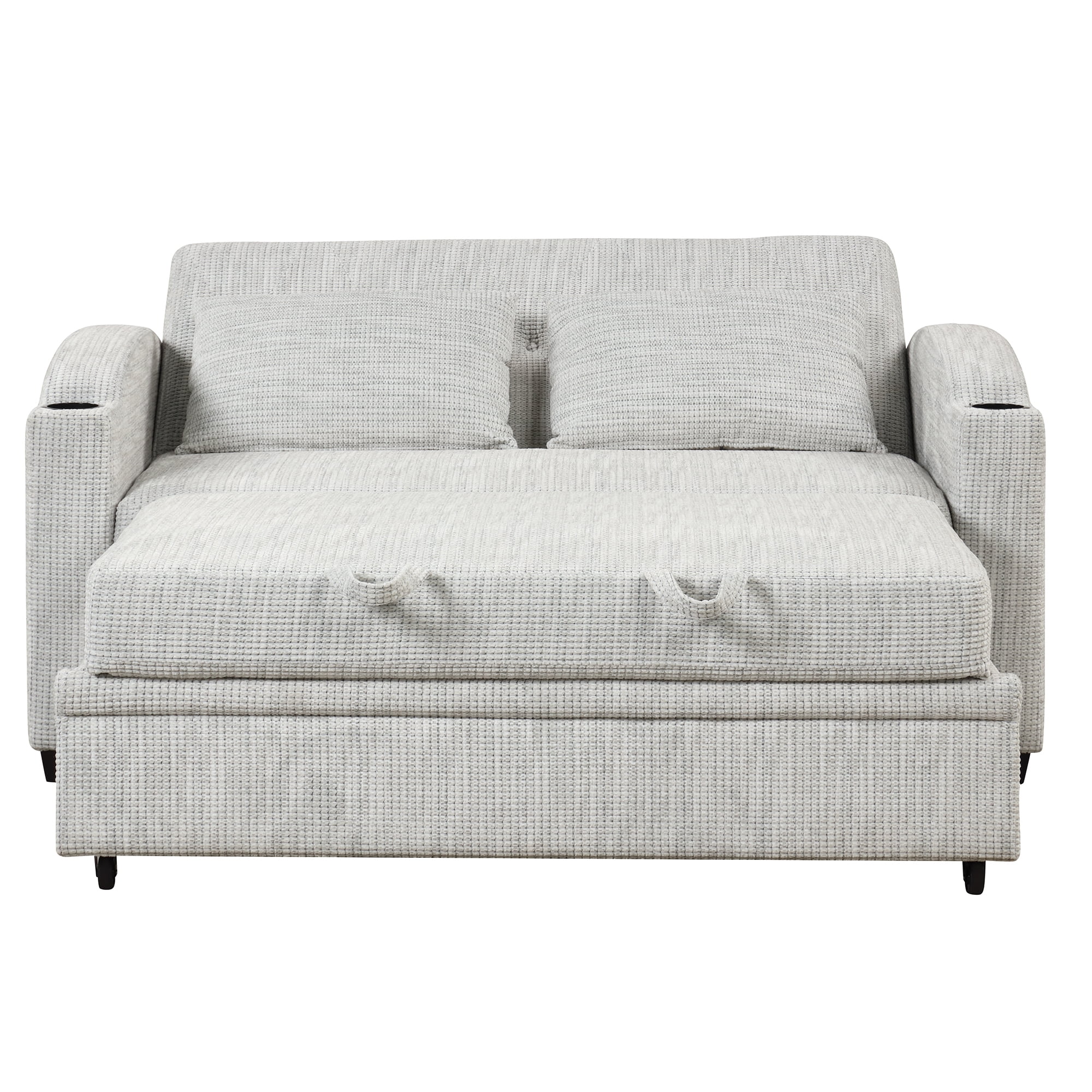 65" Pull Out Sofa Bed Modern Chenille Convertible Loveseat Sofa with Adjsutable Backrest, 2 Pillows, Cup Holders, USB Ports for Living Room