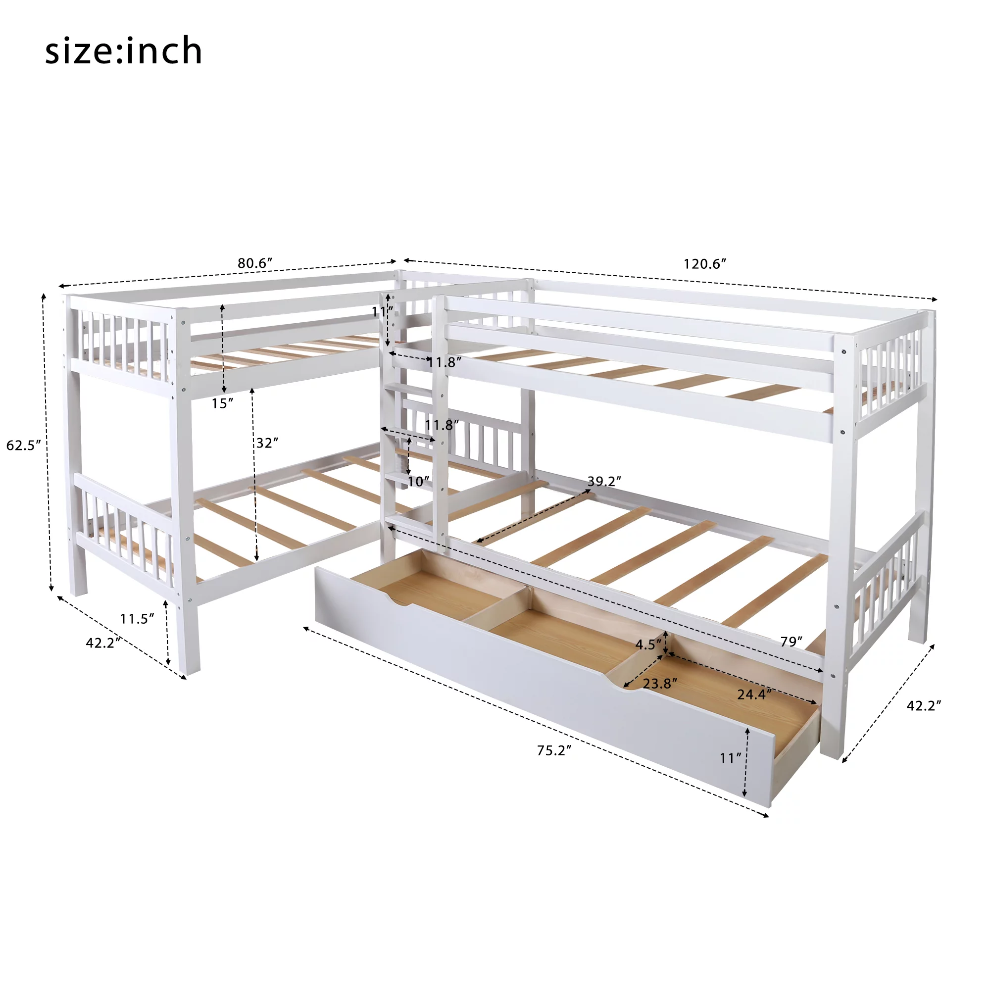 White Twin L-Shaped Bunk Bed with Drawers