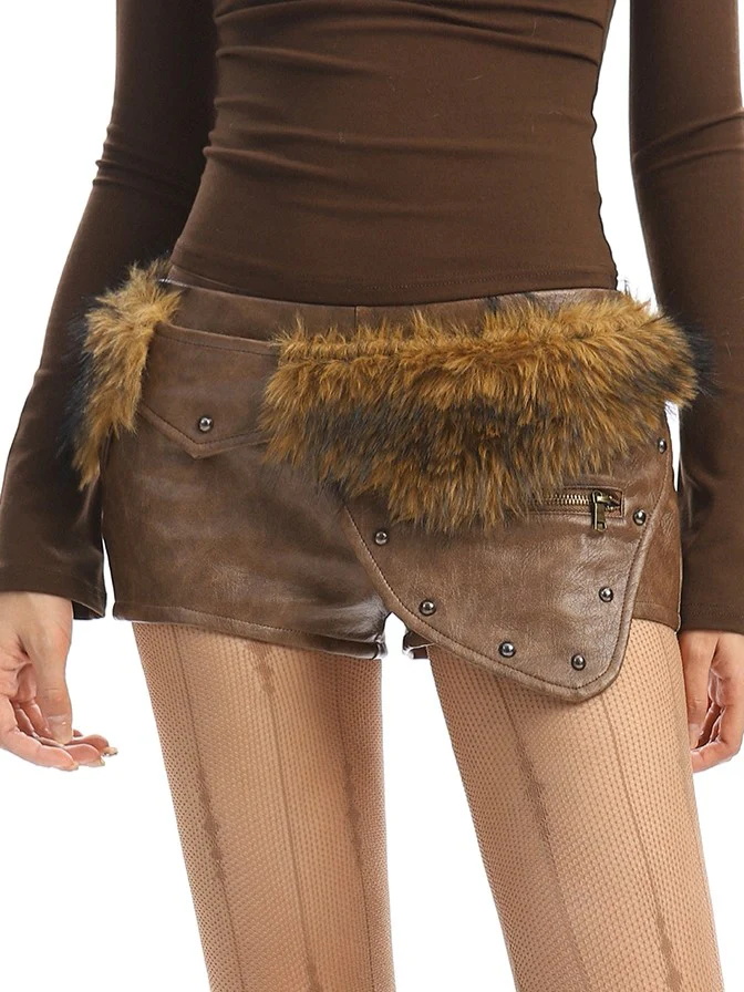 'Savage Fluff' Y2K Hot-Girl PU Leather Low-Rise Shorts