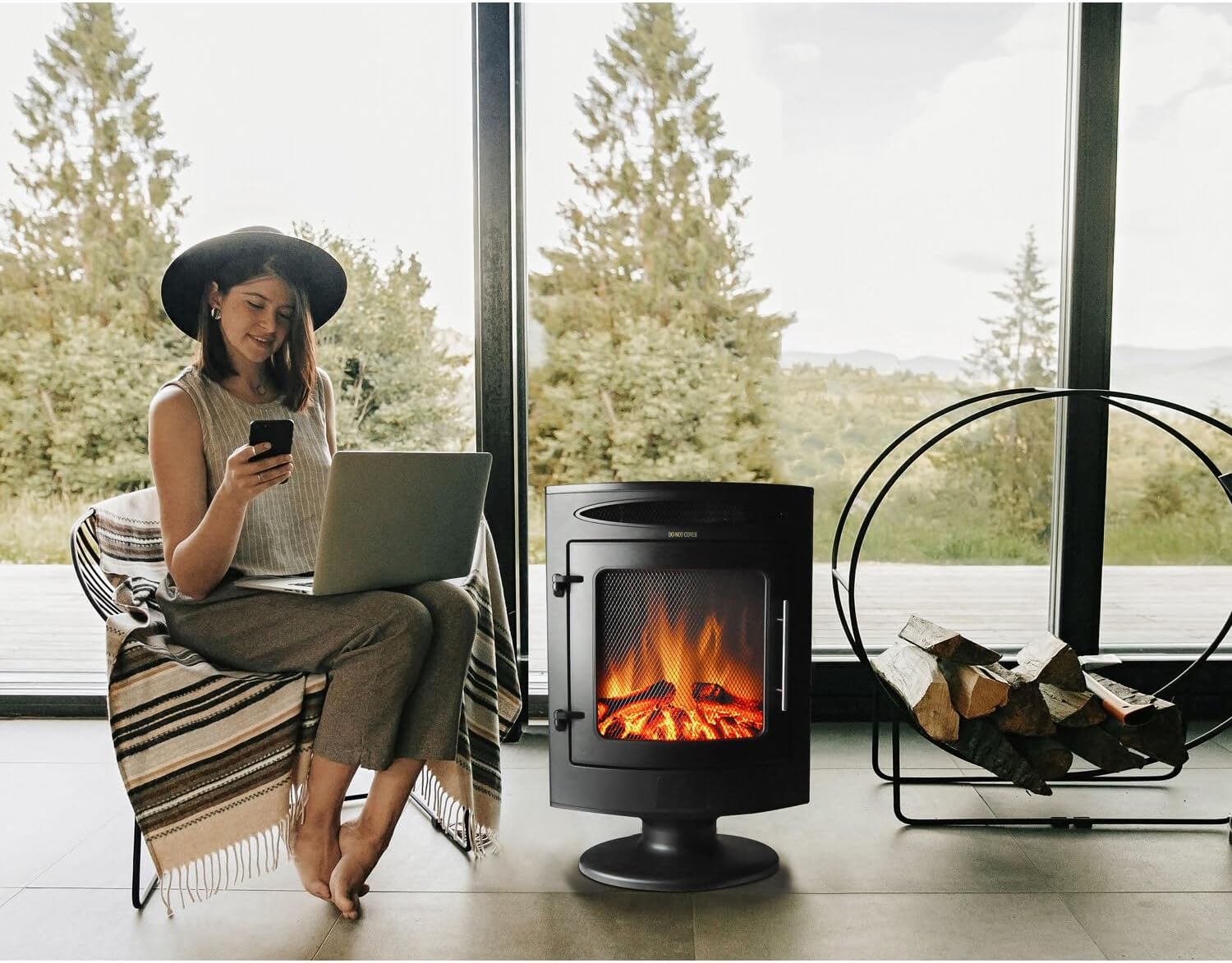 Hanover Fireside 1500W Black Steel Freestanding Electric Fireplace with Log Display and Realistic Flames