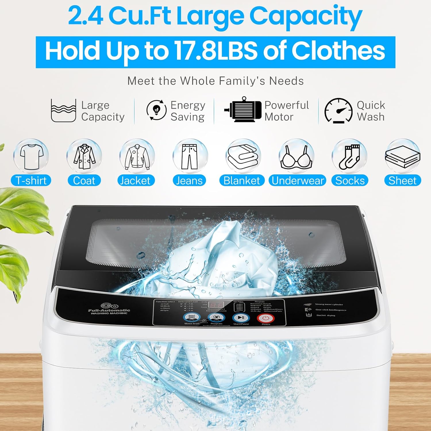 Nictemaw Portable Washing Machine 17.8 Lbs Capacity Portable Washer with Drain Pump, 2.4 Cu.ft Compact Laundry Washer with Glass Top Lid
